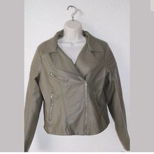 Shinestar Faux Leather Biker Jacket Olive Green